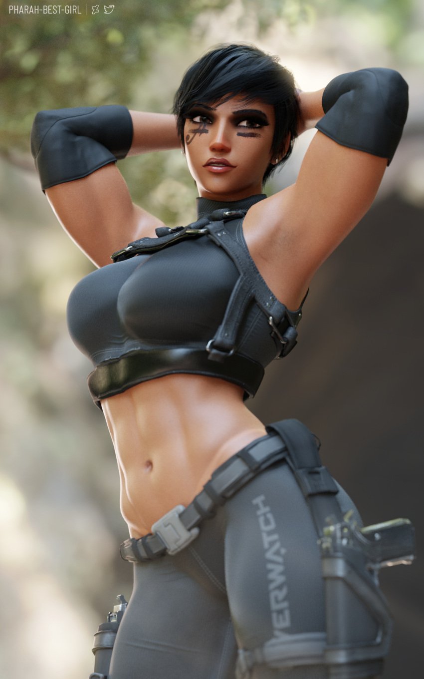 1girls 3d abs black_eyes black_hair blender combat_gear dark-skinned_female dark_skin egyptian female female_pubic_hair high_resolution looking_away muscle muscular_female overwatch pharah pharah-best-girl pubic_hair self_upload short_hair