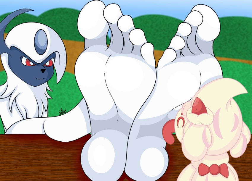 absol alcremie anthro barefoot closed_eyes dominant dominant_male duo feet feet_up female female_licking_male food foot_fetish foot_focus foot_lick foot_on_face foot_on_head foot_play fruit generation_3_pokemon generation_8_pokemon grass hi_res humanoid_feet larger_male licking looking_at_another looking_pleasured male male/female nettou nintendo outside plant pokémon_(species) pokemon pokemon_(species) size_difference smaller_female smile soles strawberry submissive submissive_female toes tongue tongue_on_foot tongue_out video_games