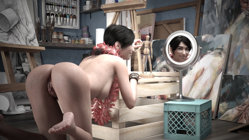 3dx anus artist artistic_nude ass_up black_hair canvas daz_studio green_eyes iray mirror nude nvidia original_character painter ponytail pussy sakirah sakirah_rodaun shaved_pussy smiling smiling_at_viewer uncanny_valley uncensored xandimonex