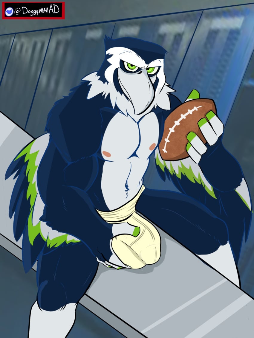 accipitrid accipitriform american_football anthro athletic athletic_anthro athletic_male avian ball beak bench biceps bird blitz_the_seahawk blue_body bulge clothing feathers football_(ball) genital_outline green_eyes grey_torso hi_res holding_clothing holding_object holding_underwear jockstrap jockstrap_only locker_room male mascot maverickk_(artist) nfl nipples pecs penis_outline seattle_seahawks smile solo sport underwear