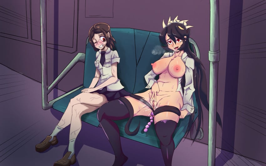 anal_beads big_breasts black_hair blush brown_hair carol_(skullgirls) filia_(skullgirls) masturbation painwheel pleasure_face pleasuring_self public_masturbation public_nudity rallyrio red_eyes samson_(skullgirls) scars scars_on_face school_uniform schoolgirl sex_toy skullgirls small_breasts