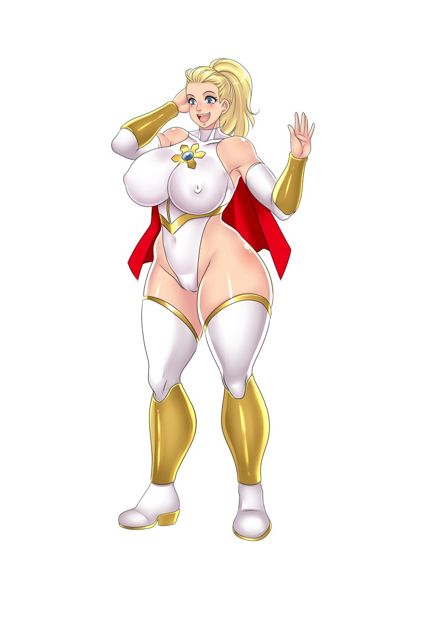 1girls adora armpits blonde_female blonde_hair blue_eyes blush boots bracer breasts breasts_bigger_than_head cameltoe cape clothing female female_only gold_boots hand_on_head hand_on_own_face happy hi_res huge_ass huge_breasts human large_ass large_breasts laugh leotard light-skinned_female light_skin long_hair muscles muscular muscular_female nipples nipples_visible_through_clothing open_mouth platinum_blonde_hair ponytail red_cape she-ra she-ra_and_the_princesses_of_power simple_background skyraptor solo solo_female standing thick_thighs thighhighs two_tone_boots white_background white_boots white_leotard white_thighhighs wide_hips