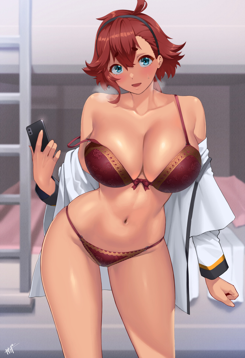 1girls alternate_breast_size blue_eyes bra breasts brown_skin female gundam gundam_suisei_no_majo holding_object kisaragi_tsurugi large_breasts panties phone red_hair selfie slim_waist suletta_mercury thick_thighs visible_breath wide_hips