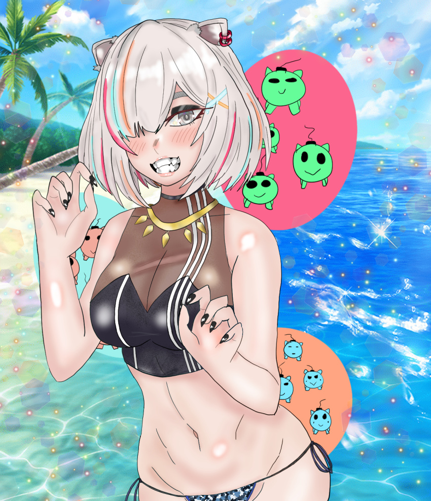 beach bikini_bottom black_nail_polish black_nails black_topwear bob_cut breasts claw_pose clawed_fingers claws earrings eddarxart eye_covered eyebrows_behind_hair fan_mascot_(vtuber) fangs fangs_out gold_necklace grey_ears grey_eyebrows grey_eyes grey_hair hair_over_one_eye hairclip hololive hololive_gen_5 hololive_japan lion_ears lion_girl lioness midriff midriff_baring_shirt multicolored_hair navel necklace ocean one_eye_obstructed one_eye_visible painted_nails pink_earrings shishiro_botan short_hair ssrb streaked_hair virtual_youtuber vtuber white_stripes