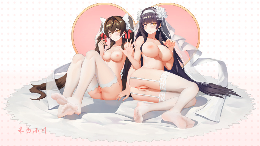 2girls absurdres bangs bare_shoulders black_hair blush breasts bridal_veil brown_hair closed_mouth collarbone earrings feet flower full_body garter_belt garter_straps girls'_frontline hair_flower hair_ornament hair_ribbon hairband heart heart-shaped_pupils hebai_xiaochuan highres jewelry lactation large_breasts legs lips long_hair looking_at_viewer medium_breasts multiple_girls nail_polish necklace nipples no_shoes nude official_alternate_costume on_floor pink_nails pregnant pussy red_ribbon ribbon ring simple_background sitting smile soles symbol-shaped_pupils thighhighs thighs toes type_95_(girls'_frontline) type_95_(prairie_gentian_and_her_season)_(girls'_frontline) type_97_(girls'_frontline) type_97_(prayers_in_the_wind)_(girls'_frontline) veil very_long_hair wedding_ring white_hairband white_ribbon white_thighhighs white_veil yellow_eyes