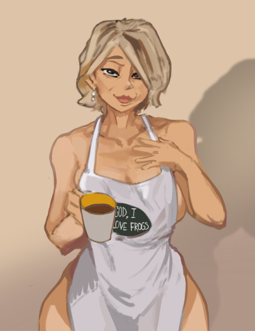 1girls apron apron_only blonde_hair casual coffee_cup cup dimodrawings earrings female female_only gilf hair_over_one_eye hi_res holding_cup human looking_at_viewer martha_stewart mature_female medium_hair nude nude_underneath outerwear pale_skin real_person sideboob smiling smiling_at_viewer solo text_on_apron text_on_clothing wide_hips