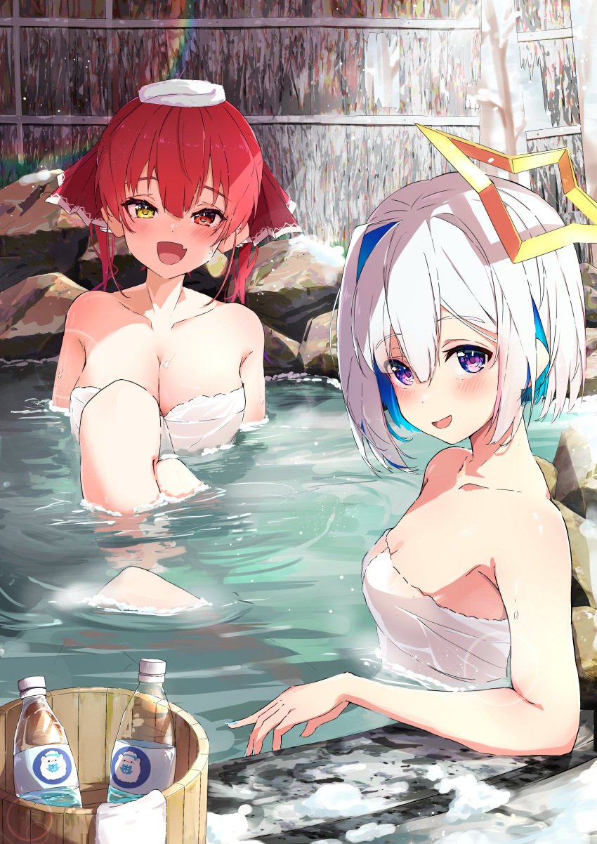 2girls :d amane_kanata bath bathing bathing_together big_breasts drink flat_chest heterochromia holoforce hololive hololive_fantasy hololive_japan houshou_marine multiple_girls one_leg_up onsen purple_hair red_eye red_hair ribbon short_hair star towel towel_on_head towel_only towels virtual_youtuber water white_hair yellow_eye