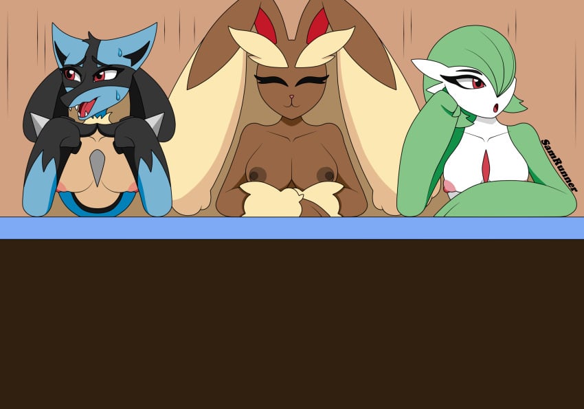 3girls big_breasts breasts female front_view fur furry furry_only gardevoir lopunny lucario nipples nude nude_female pokemon pokemon_(species) samrunner