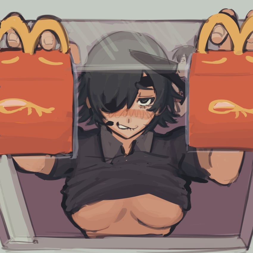 1girls big_breasts chainsaw_man eye_patch fast_food fast_food_uniform female female_only funny happy_meal hayakawa_aki himeno_(chainsaw_man) liowig mcdonald's offering_food underboob