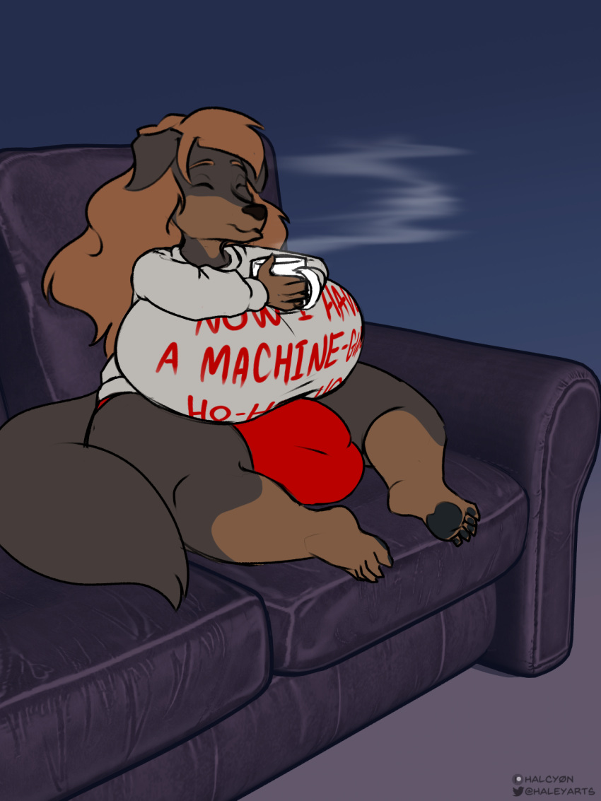 2022 5_toes anthro barefoot big_breasts black_nose breasts brown_body brown_hair bulge canid canine canis closed_eyes clothing digital_media_(artwork) domestic_dog feet furniture futanari gynomorph hair halcy0n hi_res holding_mug holding_object huge_breasts intersex mammal mastiff molosser mug on_sofa pawpads rottweiler roz_(rosstherottie) shirt short_stack shortstack sitting sitting_on_sofa smile sofa solo text text_on_clothing text_on_shirt text_on_topwear toes topwear