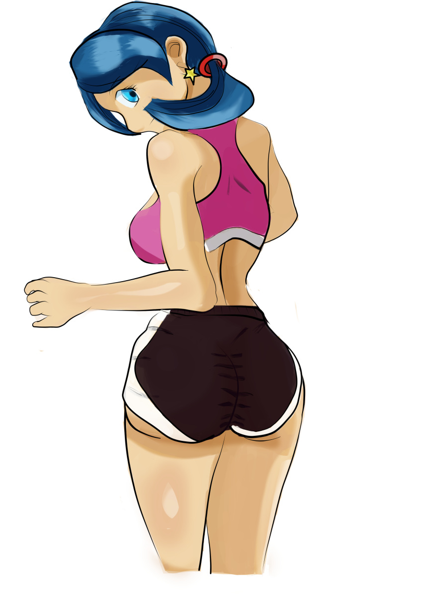 1girls ass back back_view big_ass black_shorts blue_eyes blue_hair boobs creatures_(company) earrings game_freak hi_res karl_(artist) kris_(pokemon) looking_back nintendo pink_sports_bra pokemon pokemon_(game) pokemon_gsc sports_bra sports_shorts star_earrings thighs white_background