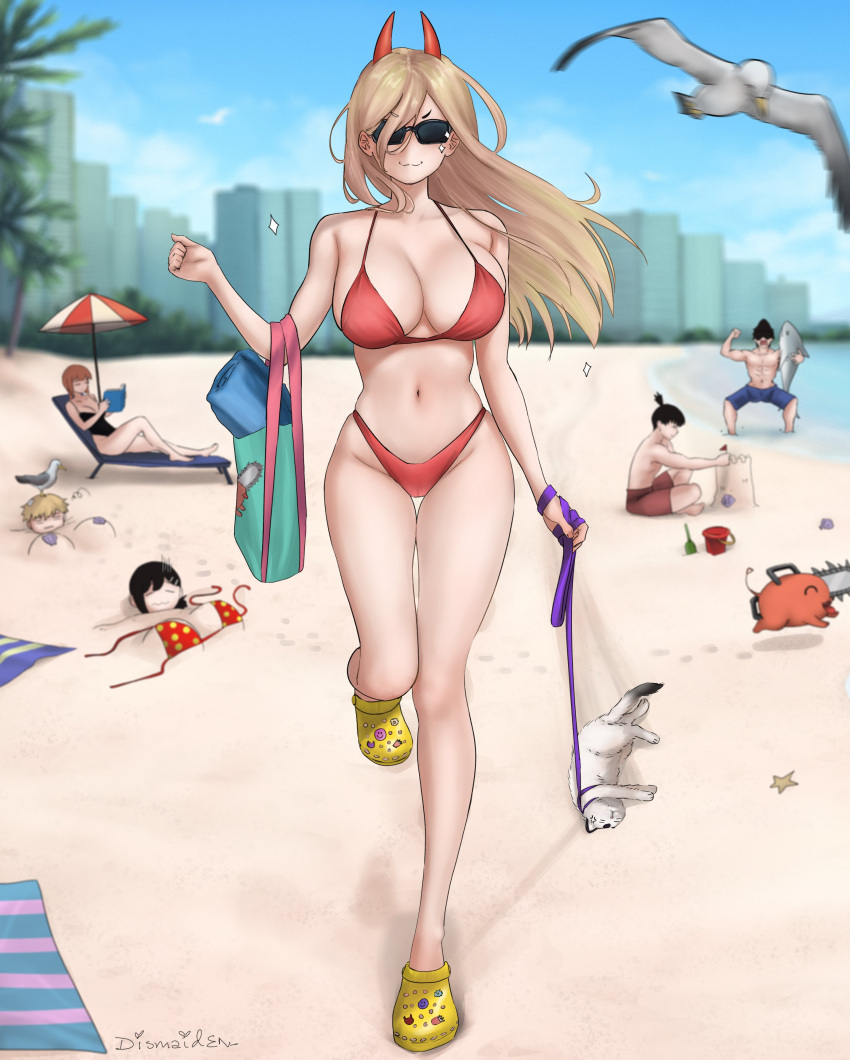 3girls beach beam_(chainsaw_man) big_ass big_breasts bikini blonde_hair casual chainsaw_man crocs demon_girl demon_horns denji_(chainsaw_man) dismaiden female hayakawa_aki higashiyama_kobeni makima_(chainsaw_man) mappa meowy_(chainsaw_man) pochita_(chainsaw_man) power_(chainsaw_man) thick_thighs wet