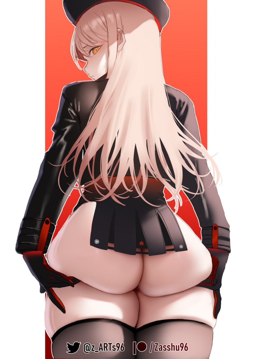 1girls ass ass_support big_ass blonde_hair bottomless bubble_butt clothing dat_ass fat_ass female female_only gloves goddess_of_victory:_nikke huge_ass large_ass looking_at_viewer looking_back rapi_(nikke) solo thick_thighs thighhighs uniform wide_hips zasshu96