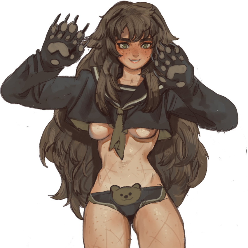 1girls bear bear_girl crop_top female female_only long_hair looking_at_viewer mossa paws scar smile solo solo_female underboob white_background