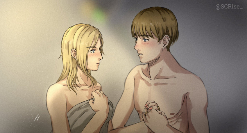 1boy 1girls annie_leonhardt armin_arlert attack_on_titan blonde_couple blonde_female blonde_female/blonde_male blonde_hair blonde_hair_male blue_eyes blush covering_breasts female hair_down holding_hands male/female nude romantic scrise shingeki_no_kyojin straight untied_hair wedding_ring