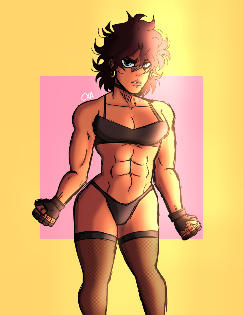 absolute_territory beauty_mark blue_eyes bra breasts brown_hair brown_skin chromexorannex cleavage coco_joestar lingerie mole muscular muscular_female original_character ourobouro panties thighhighs thighs toned_female