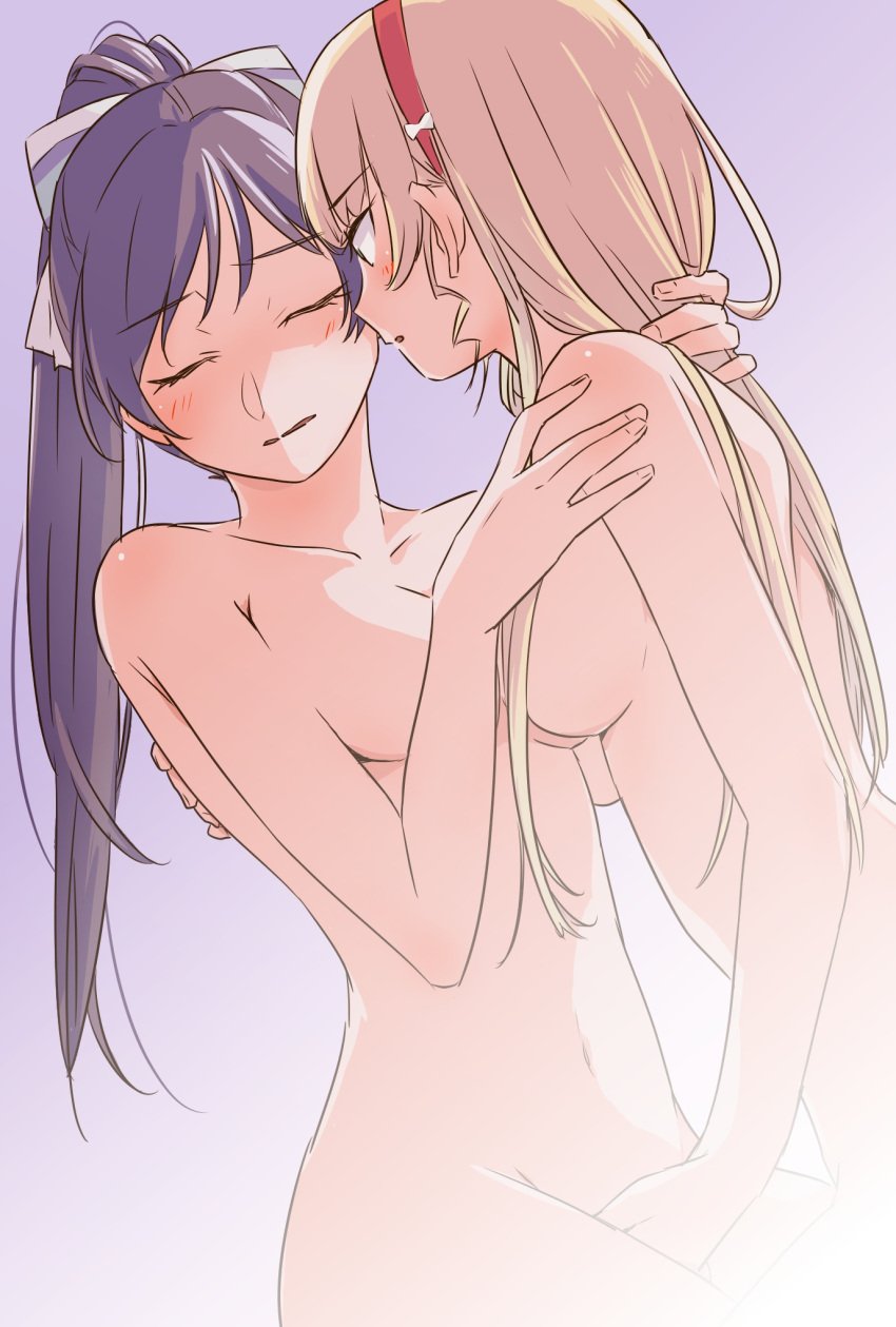 2girls aroused between_legs blush bow breasts closed_eyes collarbone completely_nude fog hair_ribbon hairband hairbow half-closed_eyes hand_between_legs hand_on_another's_back hand_on_another's_neck hand_on_another's_shoulder hazuki_ren heanna_sumire highres imminent_kiss implied_fingering kikorinolily large_breasts long_hair love_live! love_live!_superstar!! multiple_girls navel nude parted_lips ponytail purple_background red_hairband ribbon yuri