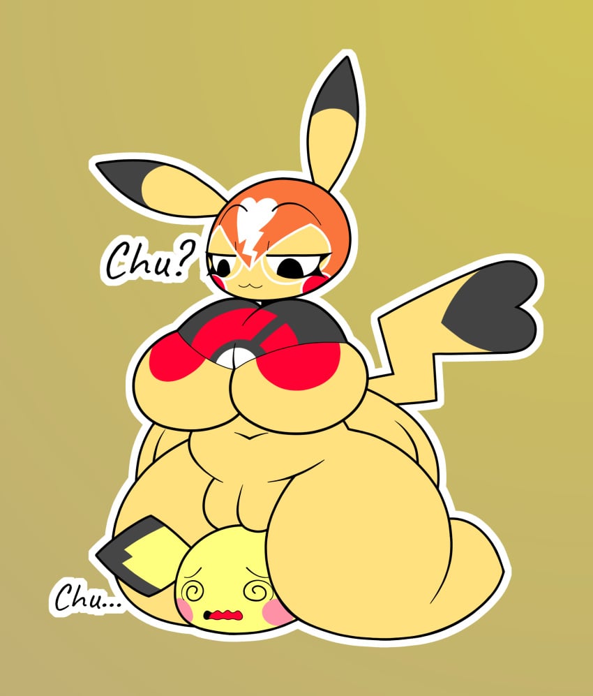 anthro cosplay_pikachu furry huge_breasts metaskei pichu pikachu pikachu_libre pokémon_(species) pokemon sitting_on_head yellow_fur