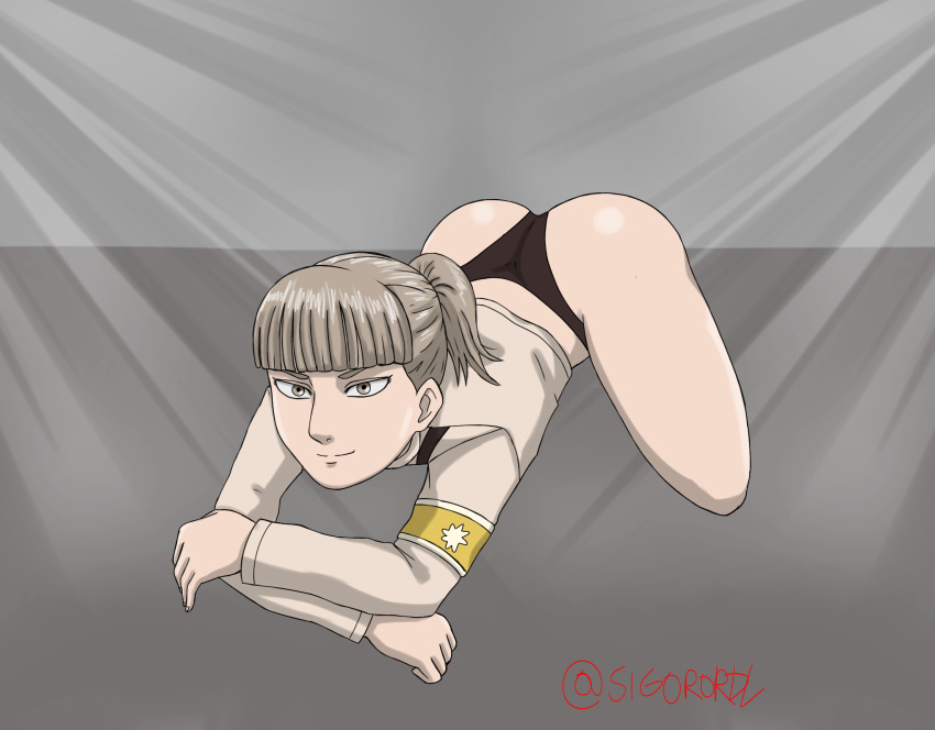 ass attack_on_titan black_panties eldian_armband eldian_flag female_soldier gray_hair_female pose shingeki_no_kyojin sigorordl white_hair young_girl younger_female zofia_(shingeki_no_kyojin)