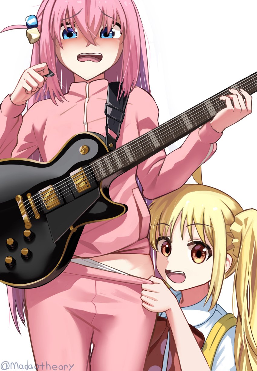 2girls ahoge assisted_exposure bangs blue_eyes blush bocchi_the_rock! cleft_of_venus clothes_lift clothes_pull clothing collar cube_hair_ornament electric_guitar embarrassed feet_out_of_frame female female_focus gotou_hitori guitar hair_between_eyes hair_ornament human humiliation ijichi_nijika jacket long_hair long_sleeves looking_at_viewer madaotheory multiple_girls musical_instrument nijika_ijichi open_mouth pale_skin panties pants pants_pull pink_hair pink_jacket pink_pants pink_track_suit pulled_by_another red_bow school_uniform side_ponytail simple_background standing thighs track_jacket track_pants underwear white_panties yellow_hair