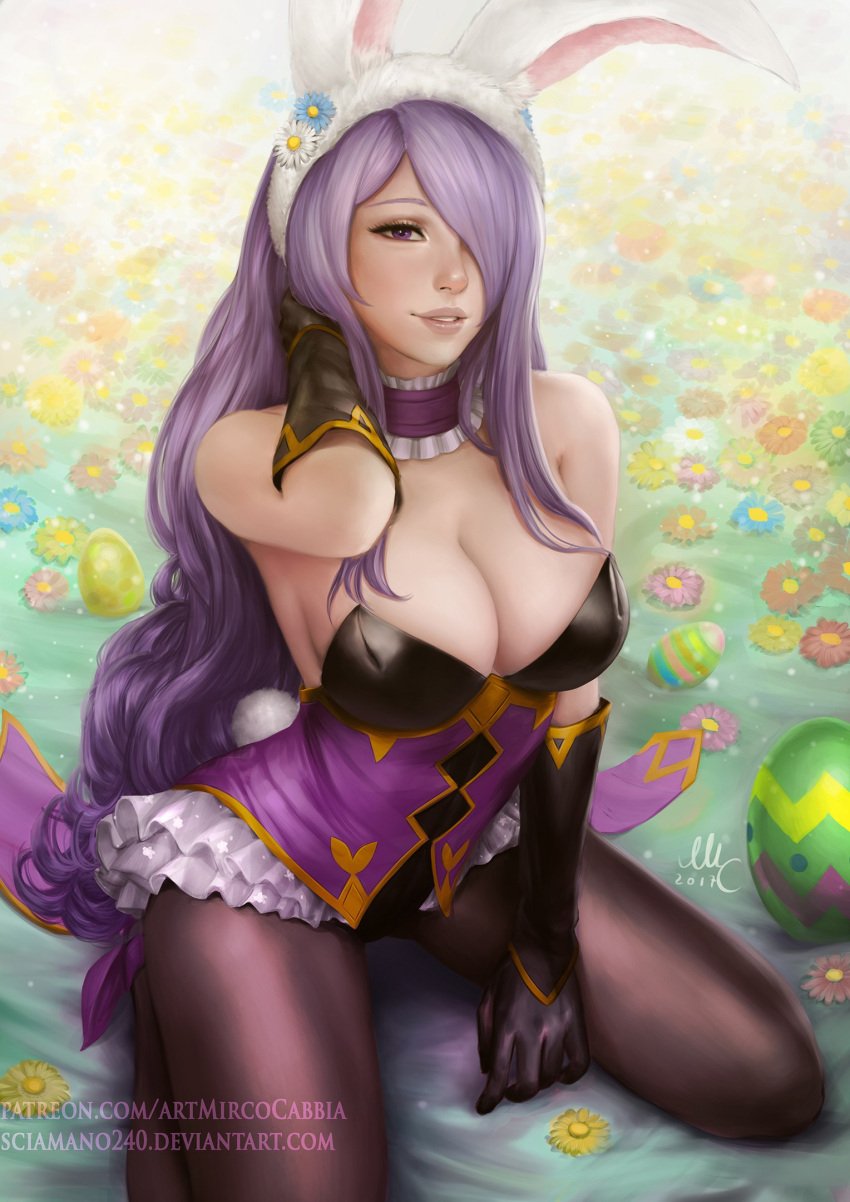 1girls 2010s 2017 alternate_costume animal_ears artist_name artist_signature bare_shoulders big_breasts black_gloves breasts bunny_ears bunny_girl bunny_tail bunnysuit camilla_(fire_emblem) camilla_(spring)_(fire_emblem) choker cleavage easter easter_egg easter_eggs elbow_gloves female female_only fire_emblem fire_emblem_fates fire_emblem_heroes flower flower_petals flowers frilled_choker frilled_skirt frills gold_trim hair hair_over_one_eye hand_in_hair hand_on_neck hi_res high-angle_view high_resolution highres kneeling legs legwear leotard long_hair looking_at_viewer looking_up looking_up_at_viewer mirco_cabbia nintendo official_alternate_costume on_knees open_mouth parted_lips patreon patreon_reward patreon_username perky_breasts purple_choker purple_eyes purple_hair sciamano240 smile smiling_at_viewer solo tight_clothes tight_clothing tight_leotard tights very_long_hair