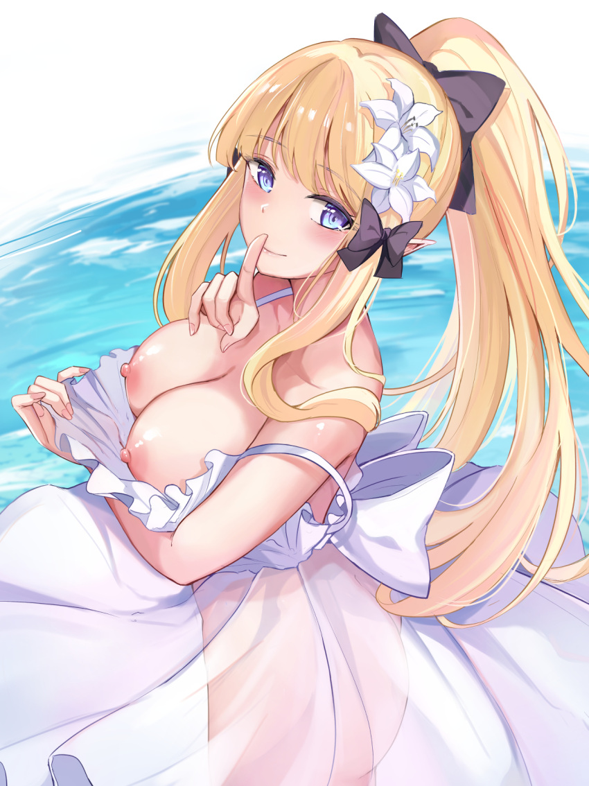 1girls bangs bare_shoulders black_bow blonde_hair blue_eyes blush bow breasts breasts_out collarbone dress duplicate elf female hairbow high_ponytail highres konka large_breasts light-skinned_female light_skin long_hair looking_at_viewer nipples pixel-perfect_duplicate pointy_ears princess_connect! saren_(princess_connect!) sidelocks smile solo white_dress