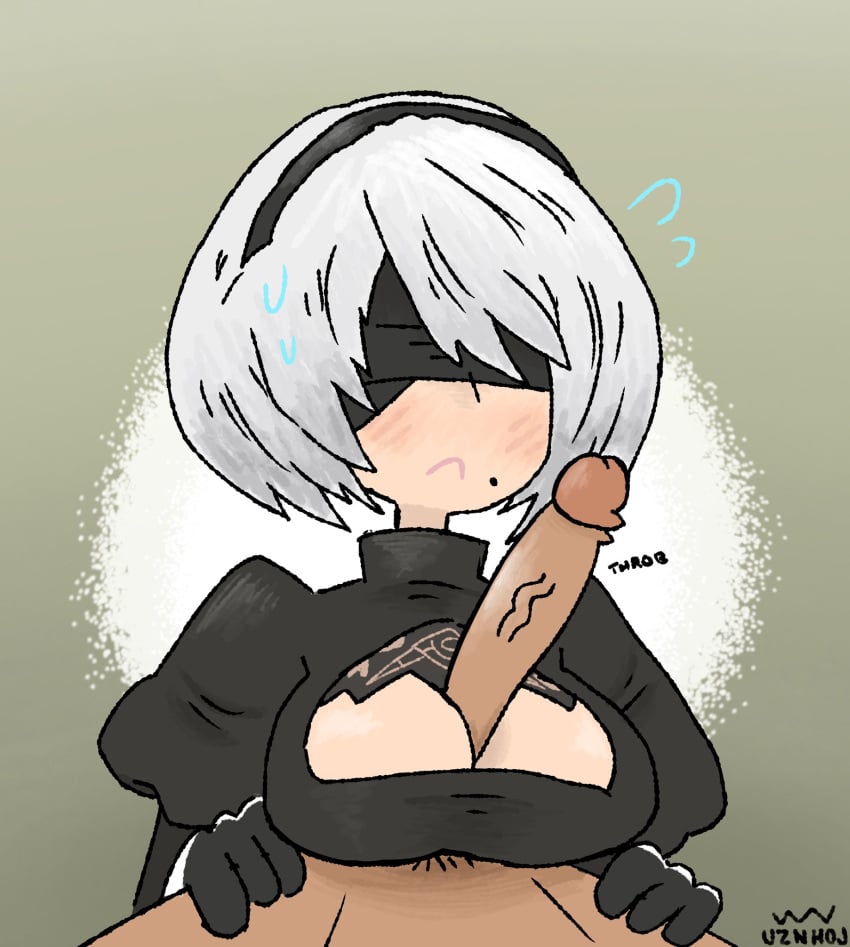 1boy 1girls blindfold breasts clothed_female cock nier:_automata paizuri penis uznhoj yorha_2b