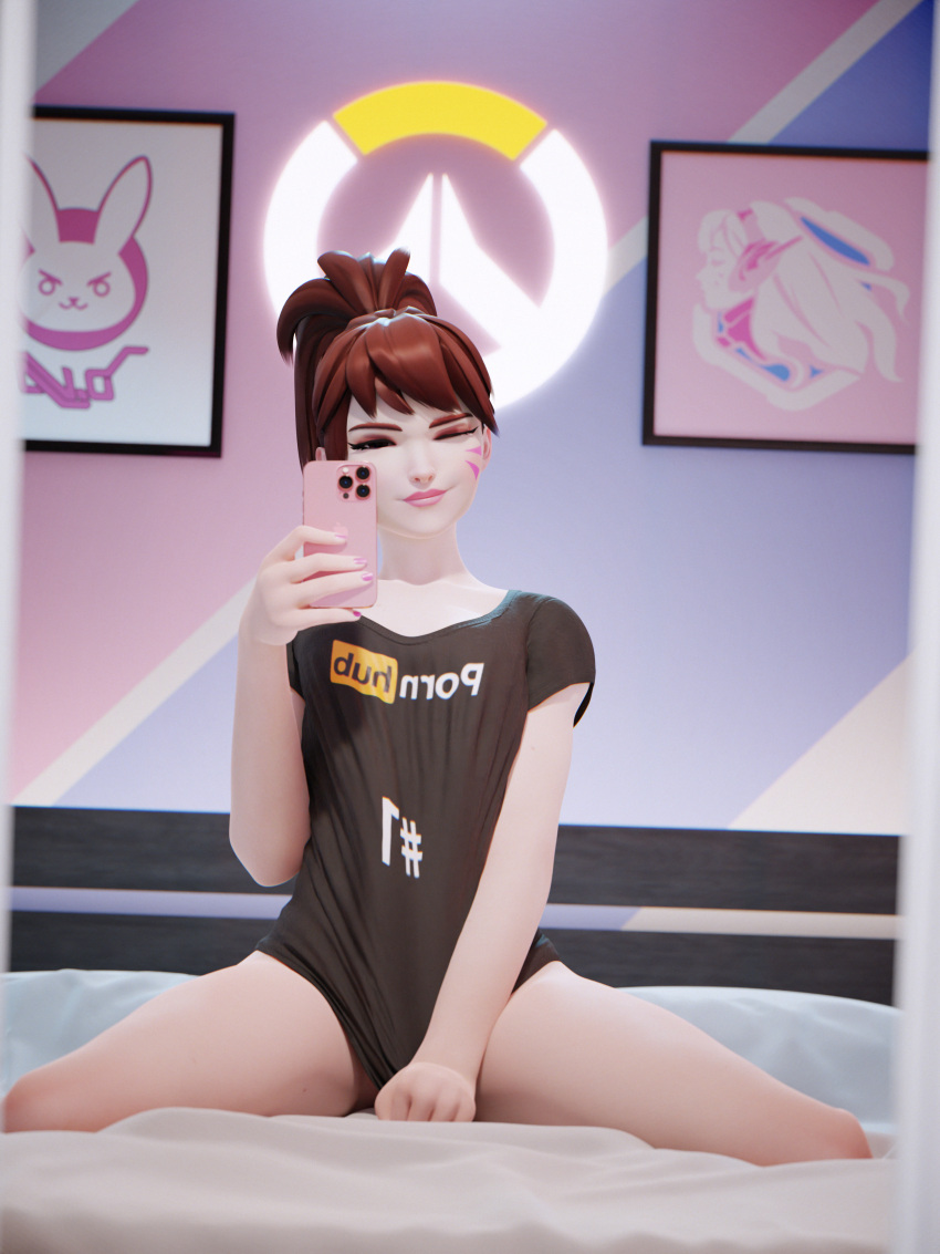 1girls 3d absurdres blender brown_hair cellphone d.va female female_focus female_only highres kneeling light-skinned_female light_skin mirror_selfie one_eye_closed overwatch ponytail pornhub quilsfm selfie smile solo spread_legs t-shirt t-shirt_only t_shirt teen teenager tshirt