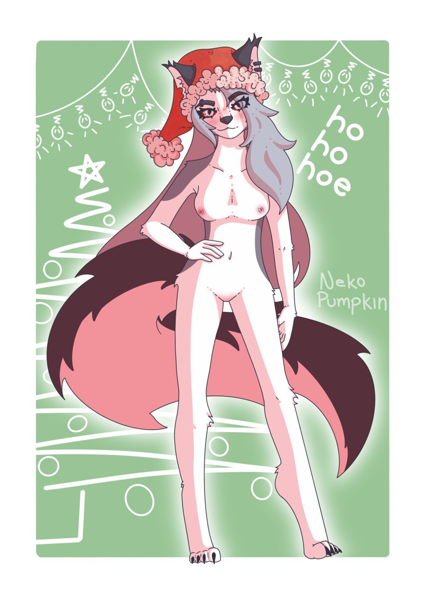 absurd_res anthro black_body black_fur black_nose blush body_blush breasts canid canid_demon canine canis christmas christmas_clothing christmas_headwear clothing collarbone demon ear_piercing ear_ring eyebrow_piercing facial_piercing female fur genitals grey_body grey_fur hand_on_hip hat hat_only headgear headgear_only headwear headwear_only hellhound helluva_boss hi_res holidays loona_(helluva_boss) mammal mostly_nude navel nekopumpkin nipples notched_ear nude piercing pussy pussy_blush red_clothing red_eyes ring_piercing smile smirk smirking_at_viewer solo white_body white_fur