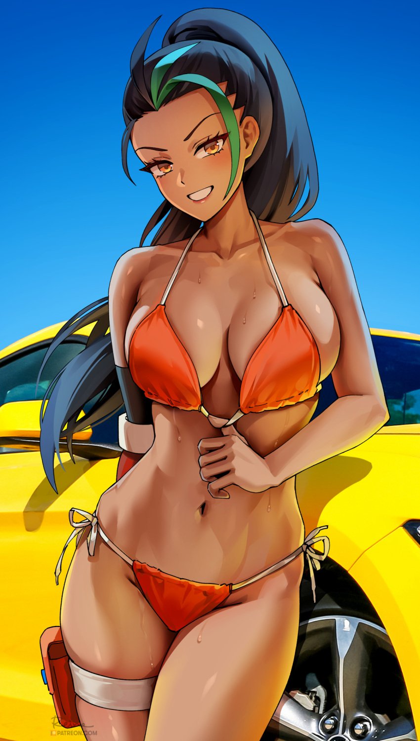 1girls alternate_breast_size beach bikini black_hair breasts brown_eyes brown_skin car female ford_mustang foxy_rain_(foxyreine) foxyrain_(foxyreine) foxyreine games grin holding_object large_breasts looking_at_viewer nemona_(pokemon) nintendo orange_bikini outdoors pokemon pokemon_sv slim_waist smile solo thick_thighs