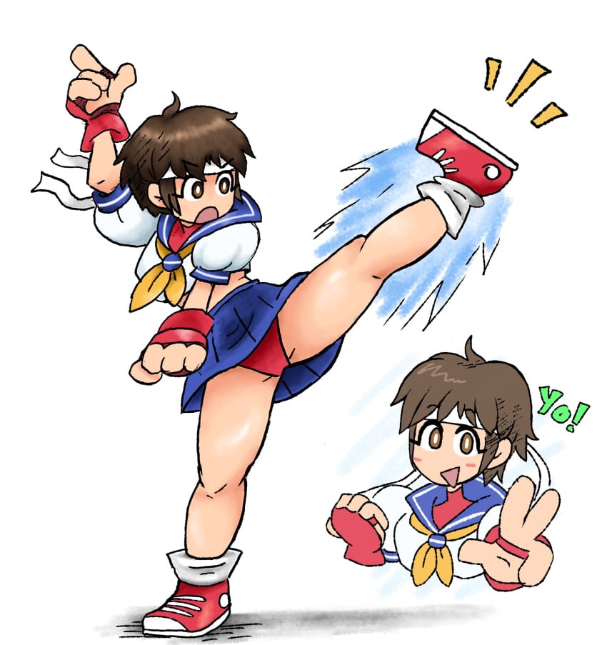 4_fingers ankle_socks anklehighs blue_skirt brown_eyes brown_hair capcom matching_hair/eyes panties red_panties sakura_kasugano shoes skirt socks street_fighter uznhoj white_socks