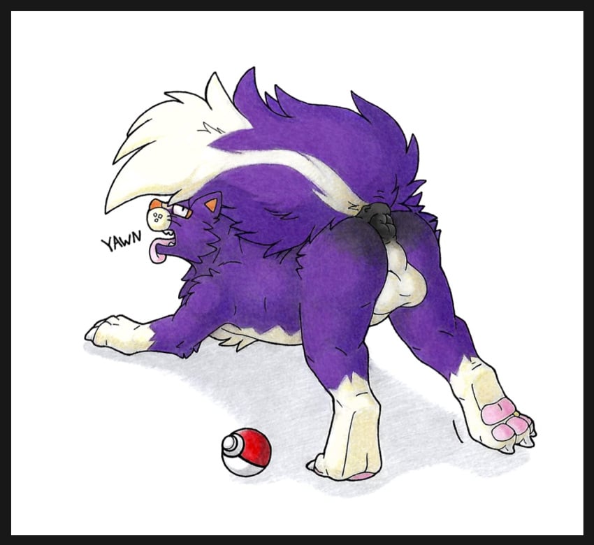 2021 3_toes anus ass backsack balls barefoot black_anus black_body black_border black_fur border cheek_tuft claws countershade_torso countershading danwolf15 digitigrade english_text facial_tuft feet feral fluffy fluffy_tail fur generation_4_pokemon genitals gloves_(marking) leg_markings looking_at_viewer looking_back male markings nintendo nude open_mouth orange_nose pawpads paws pink_pawpads pink_tongue pokémon_(species) pokeball pokemon pokemon_(species) presenting presenting_hindquarters pupils purple_body purple_fur raised_tail simple_background skuntank slit_pupils socks_(marking) solo species_transformation stretching text toe_claws toe_curl toes tongue tongue_out transformation tuft udtf video_games whiskers white_background white_body white_claws white_fur yawn