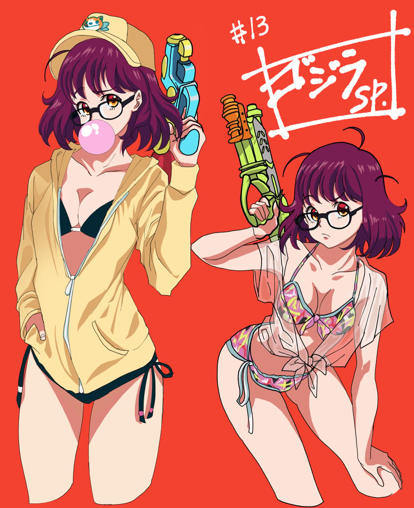 1girls bangs bikini breasts bubble_gum chewing_gum cleavage clothes glasses godzilla_(series) godzilla_singular_point hand_on_leg hat jacket kou_(spad7u59) light-skinned_female light_skin looking_at_viewer mei_kamino messy_hair multiple_views orange_eyes petite purple_hair red_background see-through see-through_clothing see-through_top short_hair solo standing water_gun wet_clothes