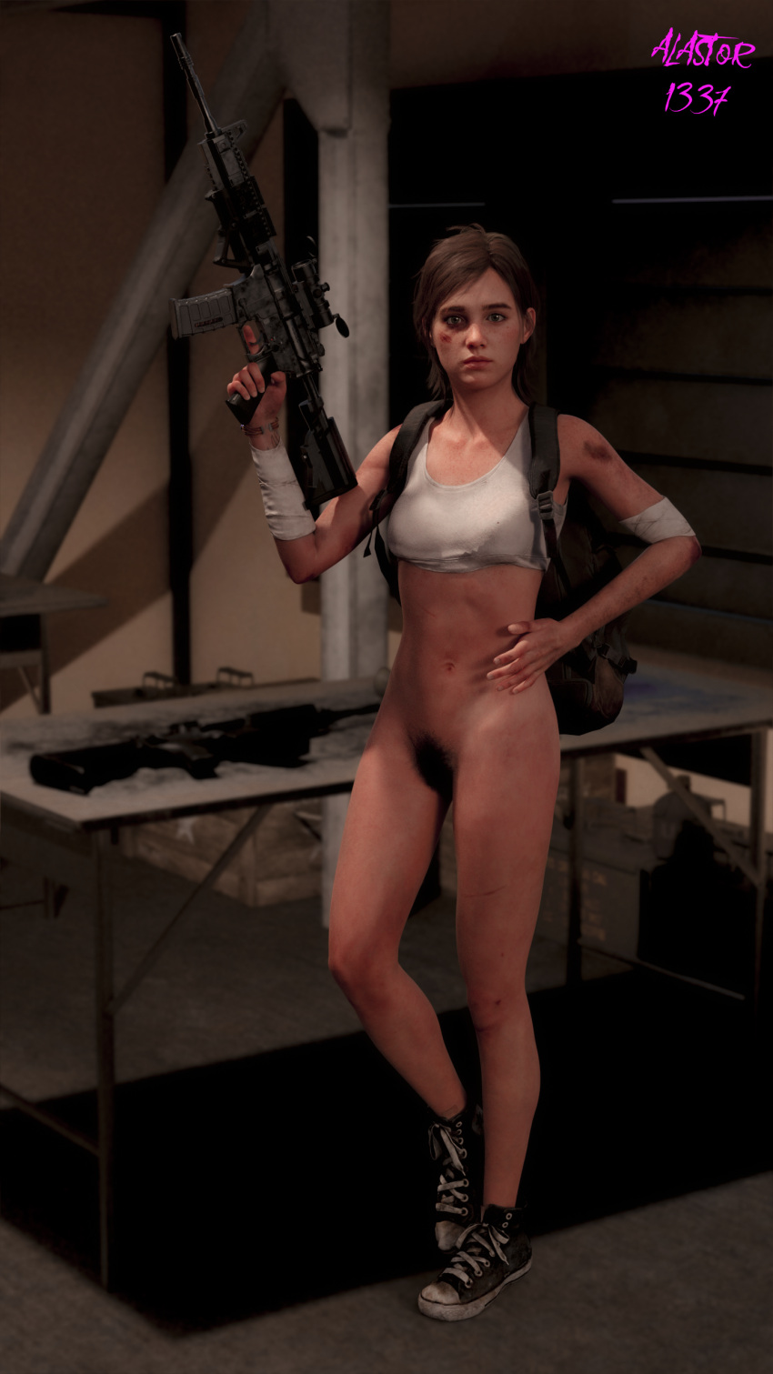 1girls 3d alastor_studios ar-15 assault_rifle backpack bag bottomless casual clothed clothing daz3d daz_studio ellie_(the_last_of_us) ellie_williams exposed_pussy female female_only firearm footwear hairy hairy_pussy human legwear naughty_dog pale_skin partially_clothed pubic_hair pussy rifle sneakers solo tagme the_last_of_us the_last_of_us_2 weapon