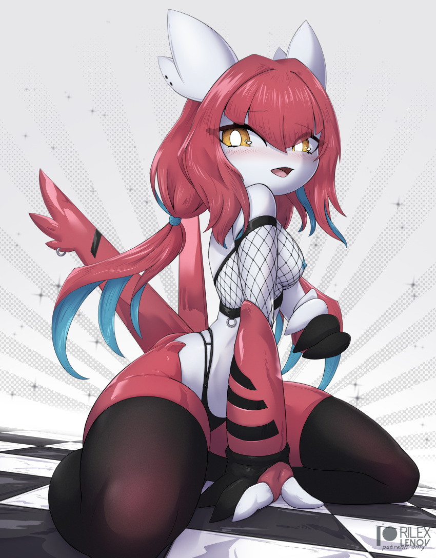 anthro anthrofied blush breasts eyelashes female fishnets hair latias legendary_pokémon looking_at_viewer open_mouth panties pokemon pokemon_(species) red_hair rilex_lenov thighhighs yellow_eyes