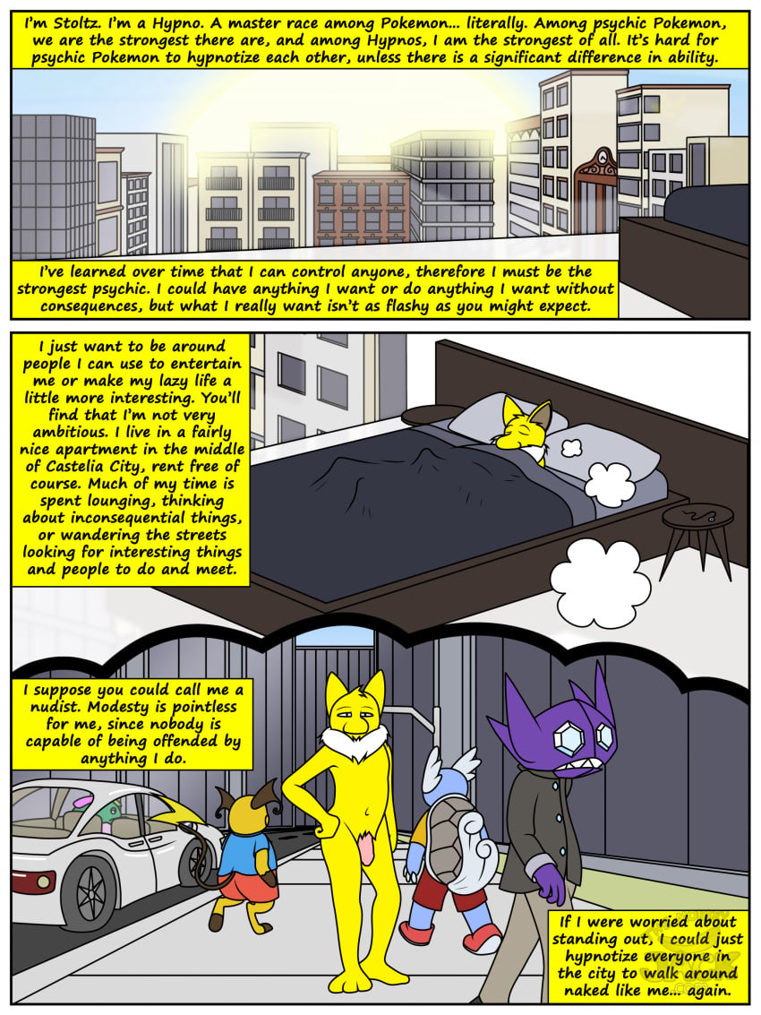 absurd_res anthro bed city clothed clothed/nude clothed_male_nude_male clothing comic dream english_text erection exhibitionism furniture generation_1_pokemon generation_3_pokemon genitals hi_res hypno hypno_(pokémon) male male/male morning_wood nintendo nude outside pendulum penis pokémon_(species) pokemon pokemon_(species) psychic public public_nudity raichu sableye sleeping stoltz_steller streaking sunrise text venusaur video_games wartortle yoshoblue