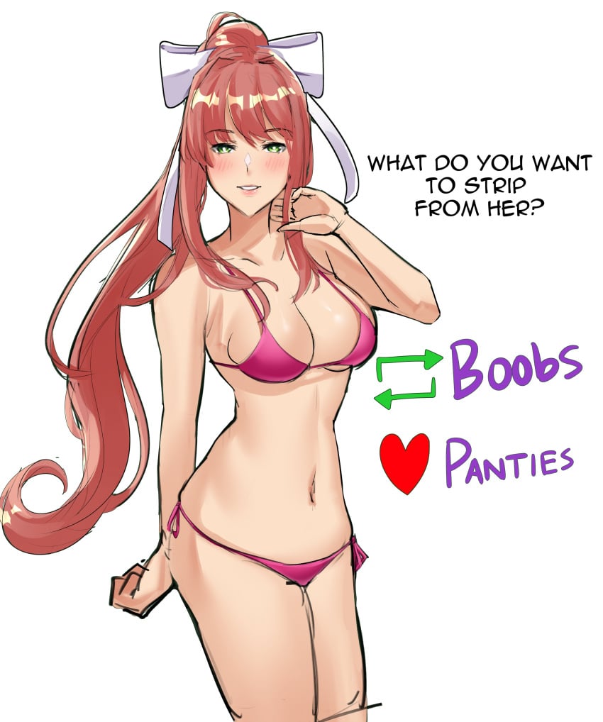 1girls bagjakagi_gou bagjaoppay bikini bikini_bottom bikini_top breasts cleavage doki_doki_literature_club english_text green_eyes heart_icon long_hair monika_(doki_doki_literature_club) navel retweet_icon strip_game text