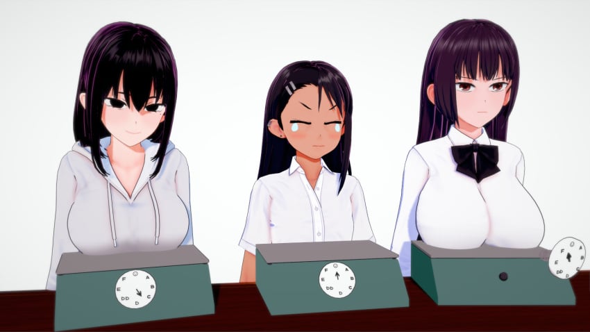 3d 3girls black_hair breast_size_difference breasts closed_eyes clothed clothing crying earrings embarrassed female female_focus female_only hayase_nagatoro hi_res highres kirbro long_hair measurements measuring medium_hair misaki_nagatoro please_don't_bully_me,_nagatoro president_(nagatoro) purple_hair red_eyes revealing_clothes sana_sunomiya simple_background size_comparison small_breasts tan tan-skinned_female tan_body tan_skin tanned tanned_female weighing_breasts weight_scale white_background