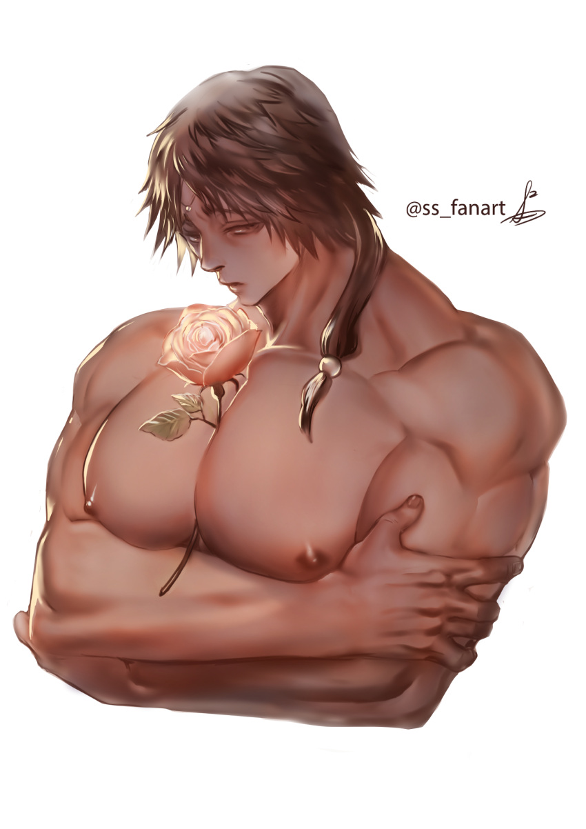 big_pecs brown_hair circlet cleavage crossed_arms flower gaolang_wongsawat kengan_(series) kengan_ashura long_hair long_hair_male looking_at_viewer low_ponytail male male_only muscular muscular_male object_between_breasts pecs ponytail rose solo ss_fanart tan_skin tied_hair topless topless_male upper_body