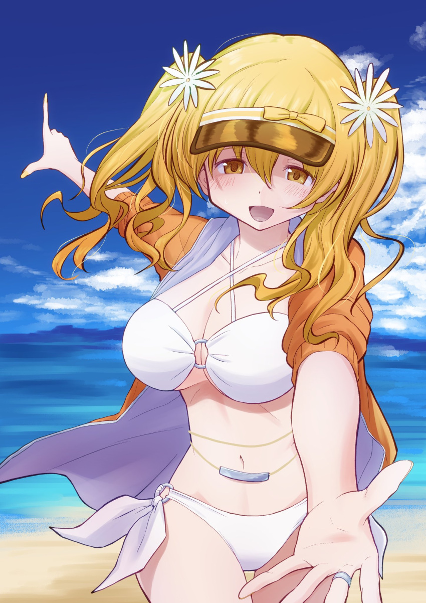 beach big_breasts bikini blonde_hair blue_sky breasts drill_hair female female_focus fingers flower flower_in_hair hands happy human human_only invitation inviting light-skinned_female light_skin magia_record:_mahou_shoujo_madoka_magica_gaiden magical_girl mahou_shoujo_madoka_magica sea seaside sky smile solo solo_female swimsuit tomoe_mami touyu_(yuruyuruto) voluptuous voluptuous_female white_skin yellow_eyes young