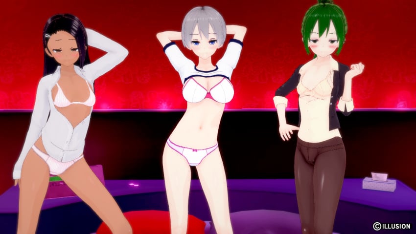 3d 3girls big_breasts black_hair blue_eyes blush breasts brown_eyes clothed clothing female female_only green_hair grey_hair hayase_nagatoro hi_res highres igarashi_futaba_(shiromanta) illusion_(artist) long_hair looking_at_viewer medium_hair please_don't_bully_me,_nagatoro revealing_clothes senpai_ga_uzai_kouhai_no_hanashi simple_background small_breasts tan tan-skinned_female tan_body tan_skin tanned tanned_female undressing uzaki-chan_wa_asobitai! uzaki_hana watermark