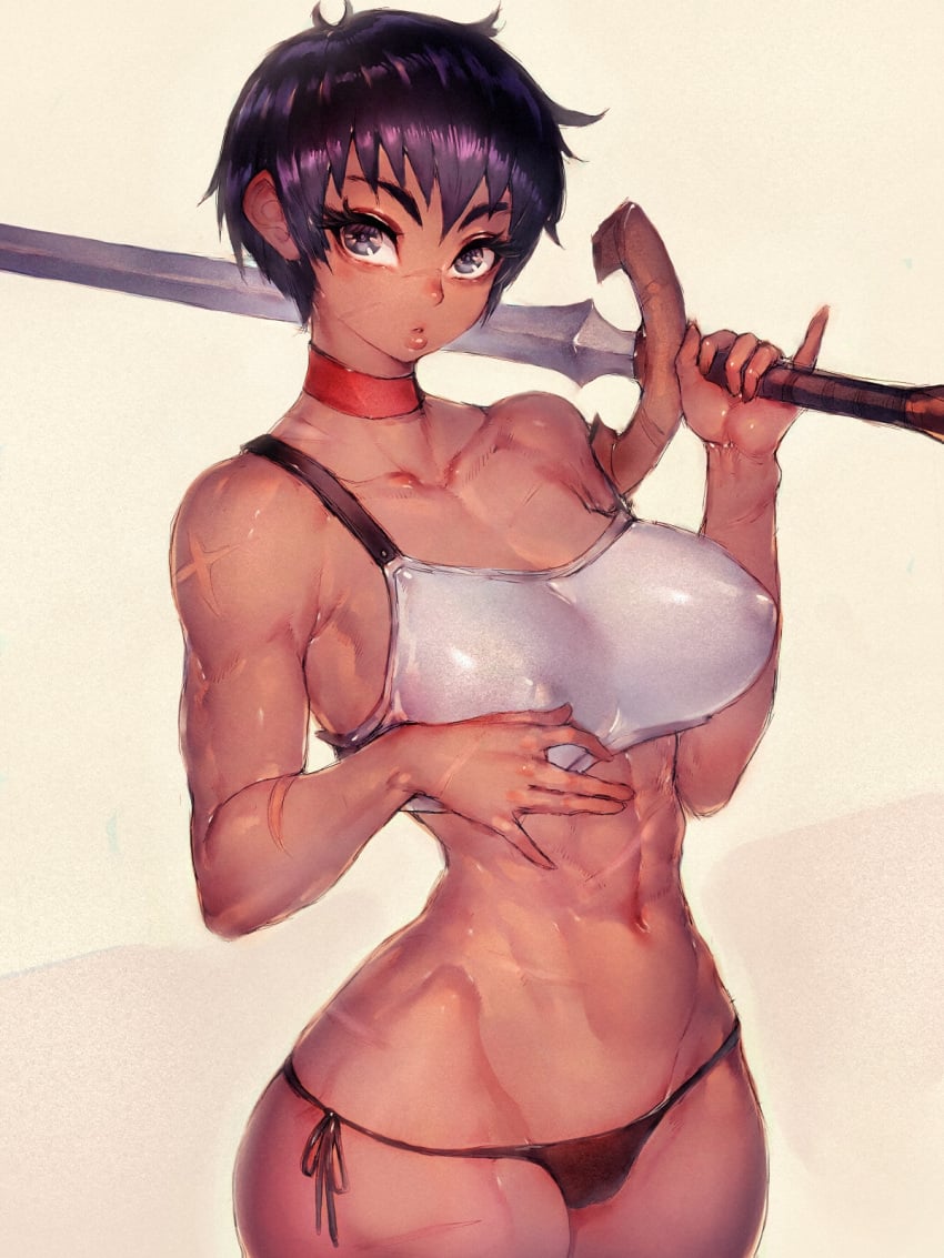 1girls abs bare_shoulders belly belly_button berserk big_breasts bikini_armor bikini_bottom black_hair breastplate breasts casca choker collar curvy dark-skinned_female dark_eyes dark_hair dark_skin ears female female_only fit fit_female fumio_(rsqkr) hips holding_sword holding_weapon human large_breasts lips nipple_bulge practically_nude revealing_clothes scar scarred scarred_face scars scars_all_over scars_on_arm scars_on_chest scars_on_face scars_on_thighs short_hair solo solo_female sword thick thick_thighs tomboy toned toned_female tummy underwear very_short_hair voluptuous weapon wide_hips