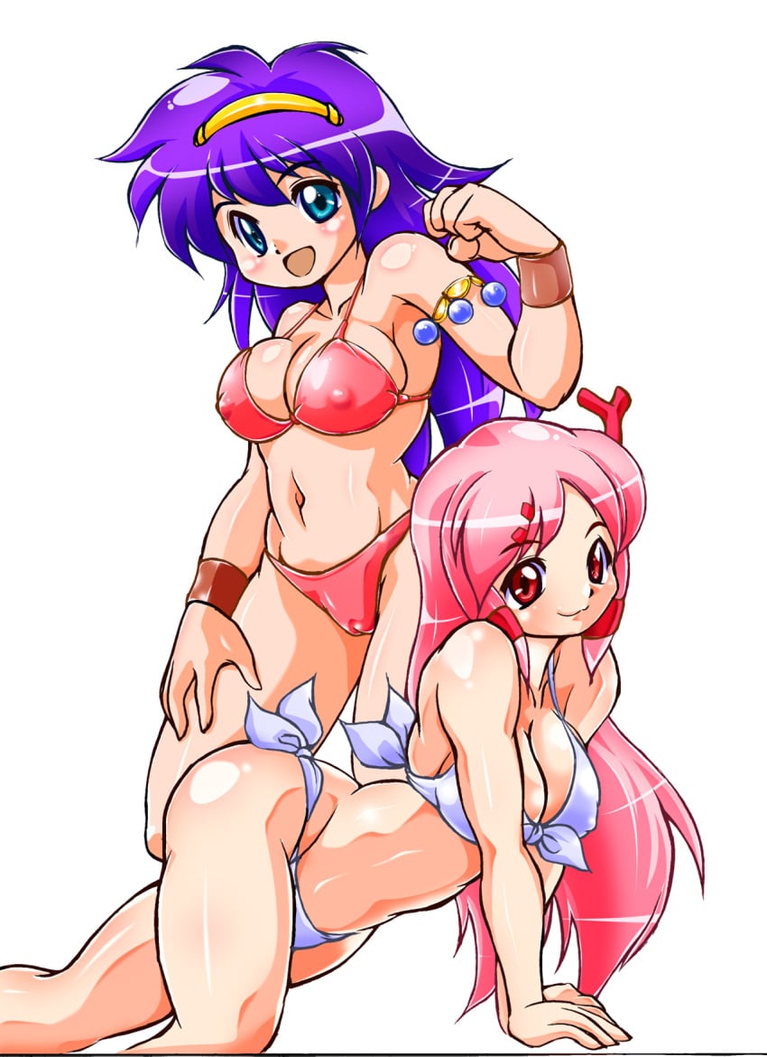 2girls all_fours athena_(series) big_breasts bikini blue_eyes breasts busty cameltoe cleavage covered_erect_nipples female female_only front-tie_bikini_top front-tie_top hand_on_leg hand_on_own_leg hand_on_own_thigh hand_on_thigh helene_(athena) highres ichiyasu large_breasts legs long_hair looking_at_viewer multiple_girls navel pink_hair pose posing princess_athena purple_hair red_bikini red_eyes smile snk swimsuit thighs white_bikini