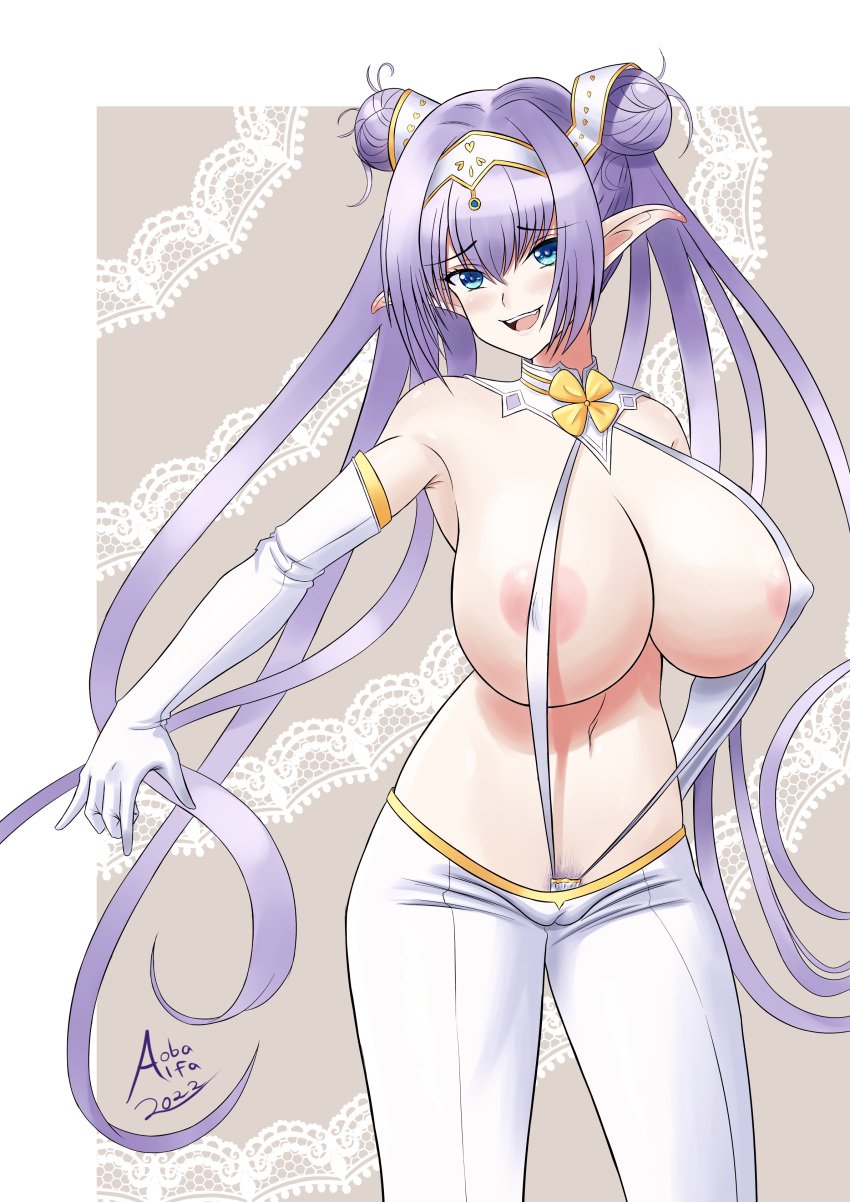 britomart_(fate) fate/grand_order fate_(series) female grey_hair hair_bun huge_breasts large_breasts long_hair pointy_ears twintails very_long_hair