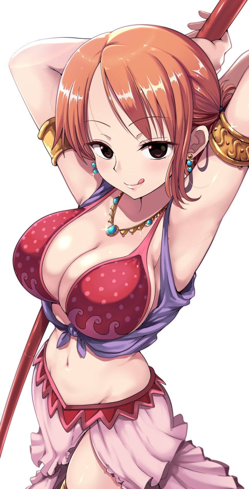 1girls alabasta arabasta_saga arabian_clothes armlet arms_behind_head arms_up belly belly_button belly_dancer belly_dancer_outfit bikini blush bracelet breasts brown_eyes busty child_bearing_hips cleavage curvy dancer_outfit ear_piercing earrings eyebrows_visible_through_hair female female_focus female_human female_only frilled_skirt frilly_clothing harem_girl harem_outfit hourglass_figure human kasai_shin large_breasts light-skinned_female light_skin looking_at_viewer medium_hair midriff nami navel necklace one_piece orange_hair pelvic_line pink_skirt polearm pre-timeskip red_bikini red_bikini_top red_skirt seductive seductive_eyes seductive_gaze seductive_look seductive_mouth seductive_pose seductive_smile slim_waist smile solo solo_female solo_focus staff stomach teenage_girl teenager thick_thighs thigh_band thighs tongue tongue_out white_background wide_hips