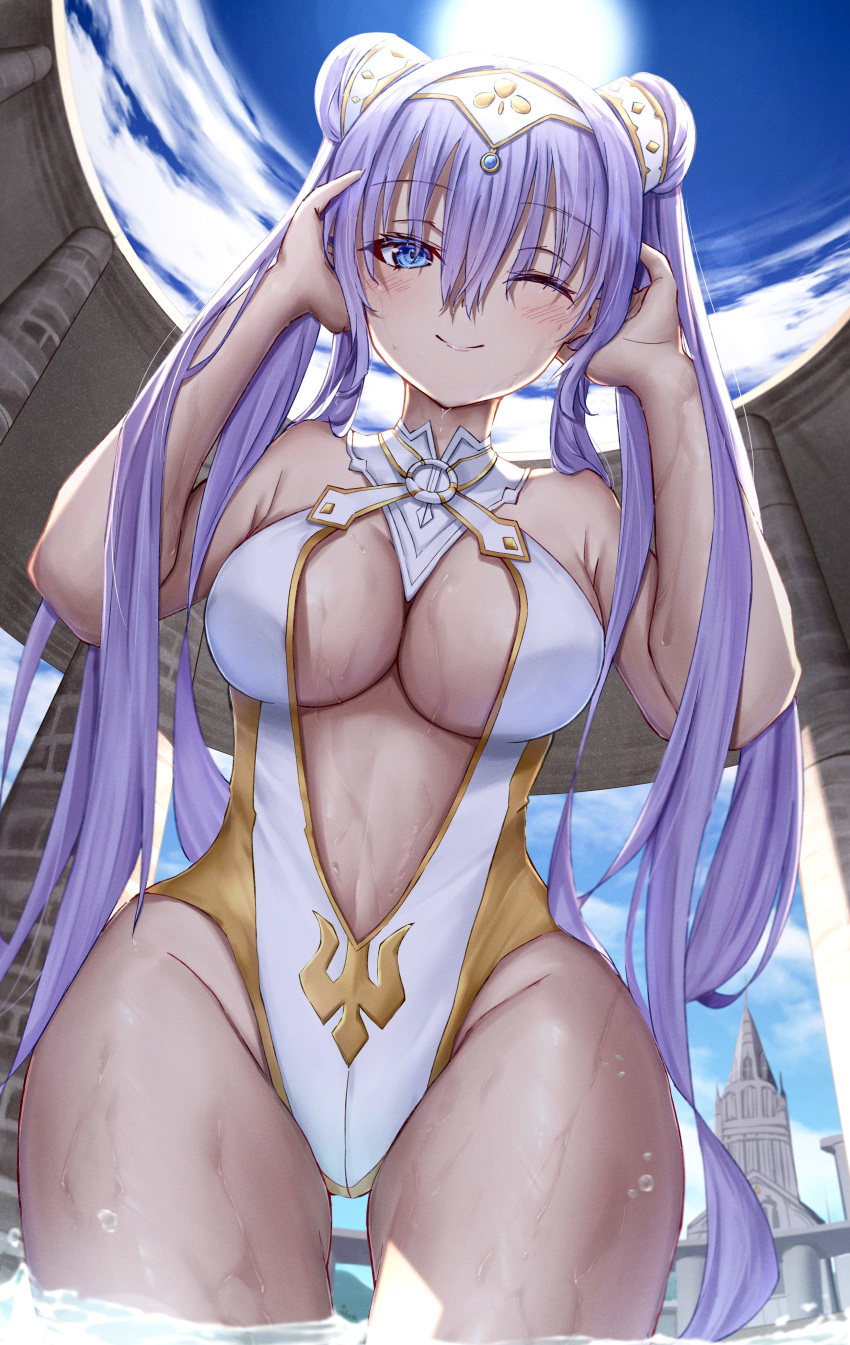 britomart_(fate) fate/grand_order fate_(series) female grey_hair hair_bun large_breasts long_hair pointy_ears twintails very_long_hair