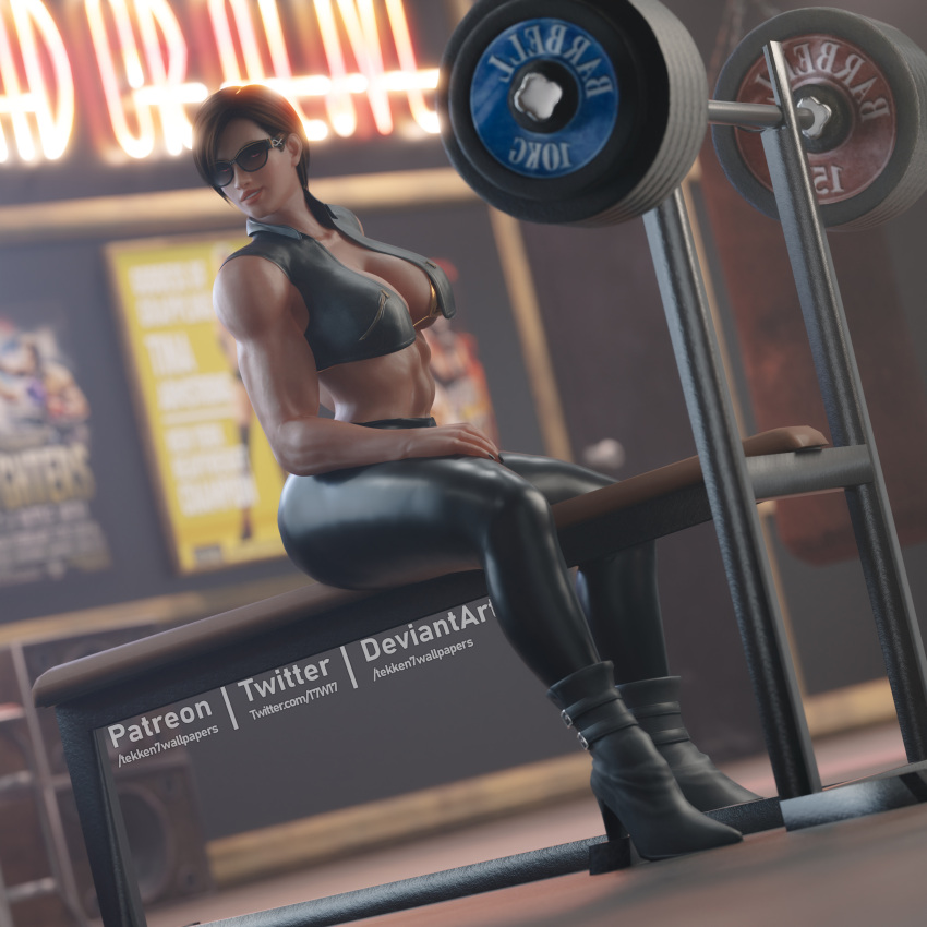 1girls 3d absurdres boots breasts brown_hair buckle_straps cleavage dark-skinned_female dark_skin dead_or_alive gym hand_on_thigh highres latex_pants lisa_hamilton midriff muscular muscular_female sitting sunglasses tekken7wallpapers tinted_eyewear weights