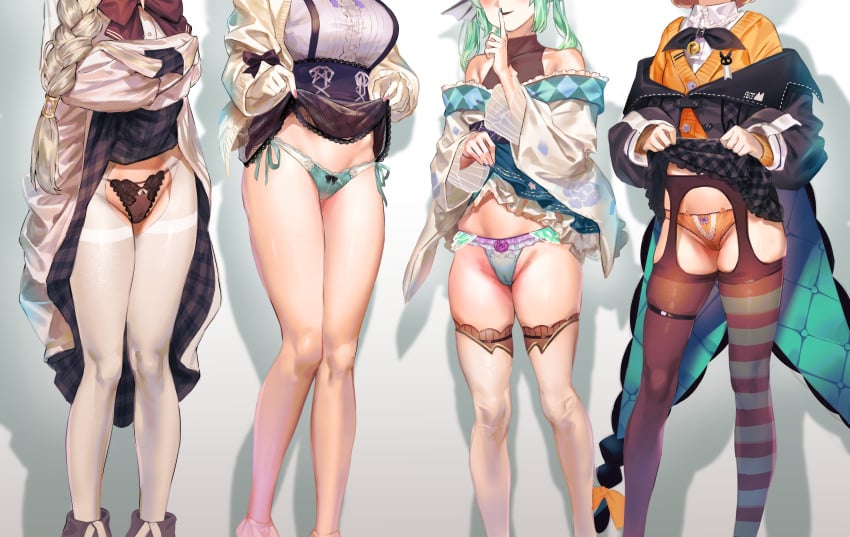 4girls absurdres aia_amare black_jacket black_panties blue_nails bow bow_panties bra braid breasts cardigan ceres_fauna clothes_lift crossover feet_out_of_frame female_focus finana_ryugu finana_ryugu_(2nd_costume) finger_to_mouth fingernails frilled_panties frills garter_belt green_panties grey_hair groin head_out_of_frame highres hololive hololive_english hololive_english_-council- hololive_english_-promise- huge_filesize jacket kuroi_suna lace lace-trimmed_skirt lace_trim large_breasts legs_together lifted_by_self long_hair long_sleeves lower_body millie_parfait multiple_girls nail_polish nijisanji nijisanji_en open_cardigan open_clothes orange_cardigan panties pantyhose parted_lips pink_nails plaid plaid_skirt presenting_panties shirt short_hair shushing side-tie_panties skirt skirt_lift standing striped striped_thighhighs suspender_skirt suspenders thigh_strap thighhighs underwear virtual_youtuber vtuber white_pantyhose white_shirt white_thighhighs