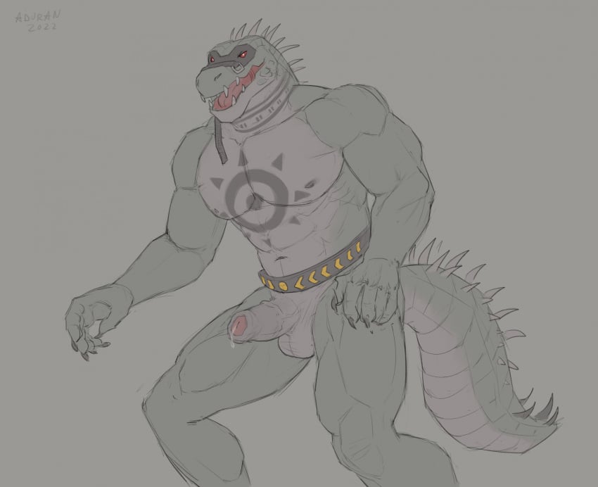 aduran anthro balls belt bodily_fluids claws crocodile crocodilian crocodylid daylon_(dislyte) dislyte fangs foreskin genital_fluids genitals hi_res male mask muscular muscular_male nude open_mouth penis precum red_eyes reptile scalie solo spikes tattoo thick_tail