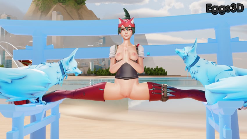 1girls 3d beach blizzard_entertainment eggsnsfw flexible fox green_hair half-dressed headgear kiriko_(overwatch) kitsune_(overwatch) kunai ninja overwatch overwatch_2 pussy splits tagme thighs vagina